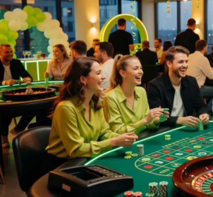 Cinematiczna scena mobilnego kasyna eventowego z gośćmi grającymi przy stołach
