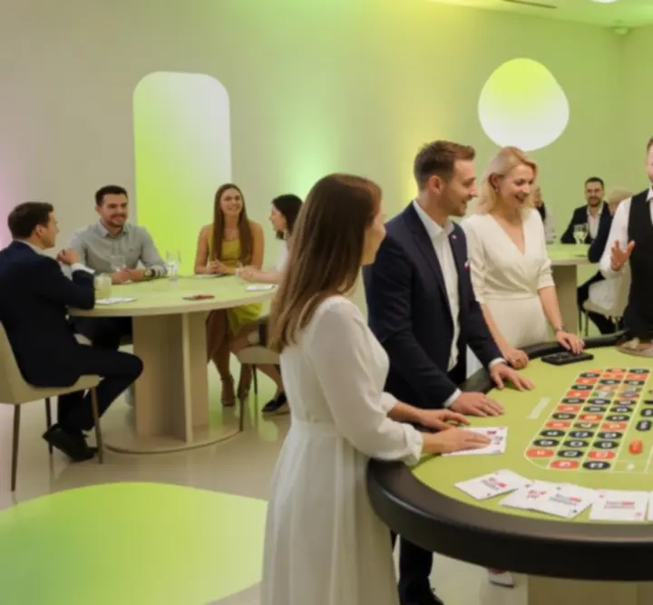 Cinematiczny wieczór eventowy z mobilnymi stołami do gier i światłami sceniczny