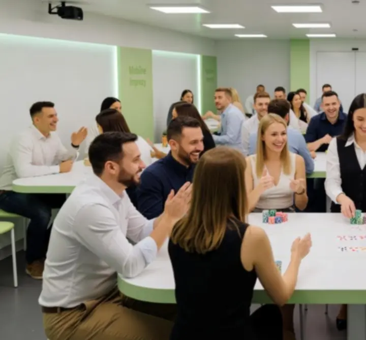 Grupa osób bawiących się przy mobilnym stole pokerowym podczas wieczornego eventu
