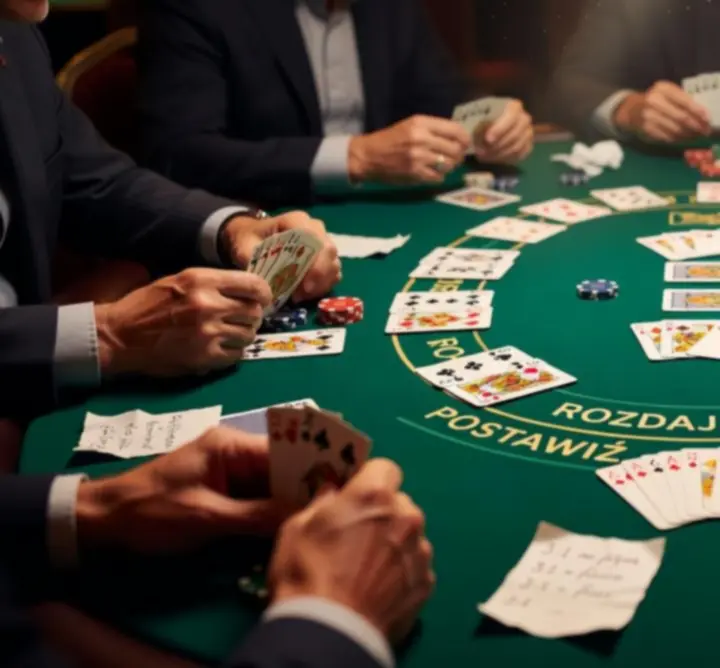 Stół pokerowy z żetonami i kartami przygotowany do rozgrywek eventowych