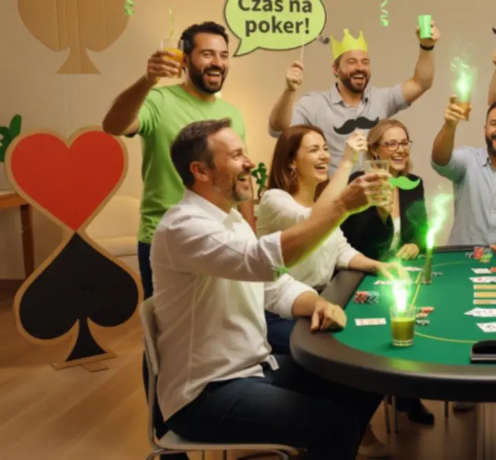 Uczestnicy wieczoru pokerowego śmiejący się przy stole podczas eventu